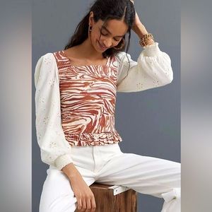 Anthropologie Love The Label Cotton Smocked Puff-Sleeve Eyelet Blouse | XS